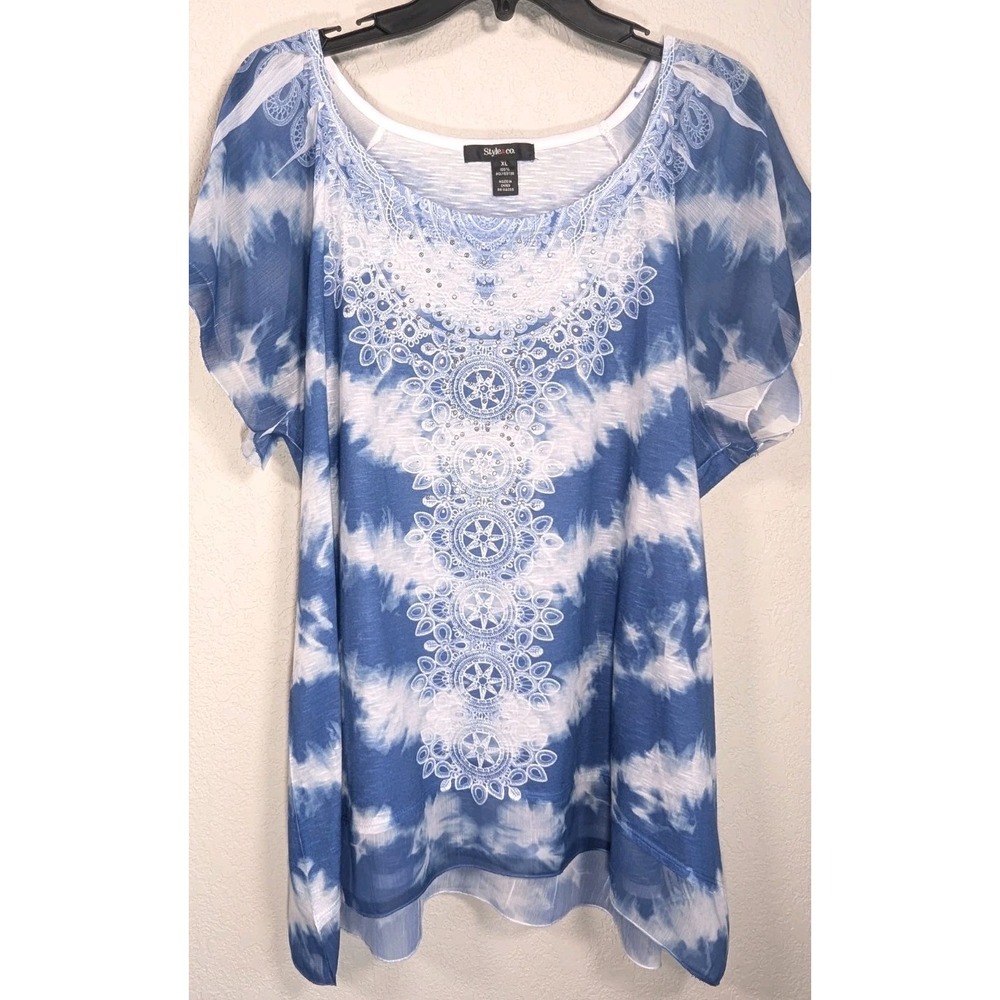 STYLE & CO Blue Knit Tie Dye Rhinestone Blouse Flutter‎ Sleeves XL